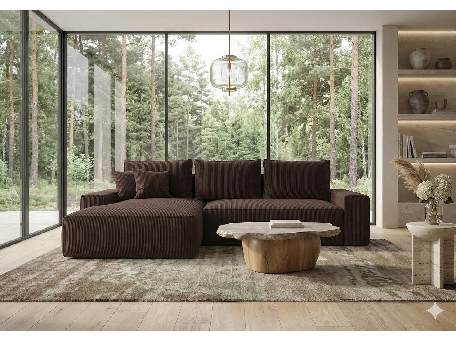 Canapé d’angle velours convertible avec coffre NINA-Marron foncé-angle gauche