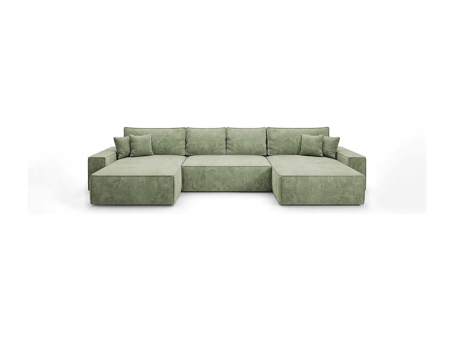 Canapé d'angle CALIFORNIA en U vert clair velours côtelé POSO 47 - fonction couchage, coffre à literie