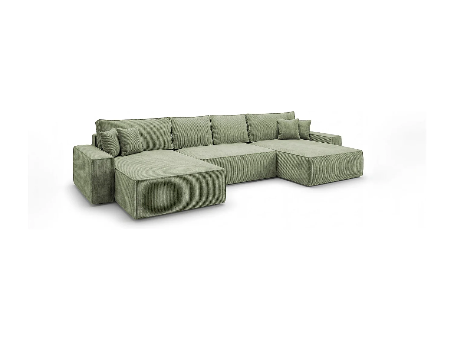 Canapé d'angle CALIFORNIA en U vert clair velours côtelé POSO 47 - fonction couchage, coffre à literie