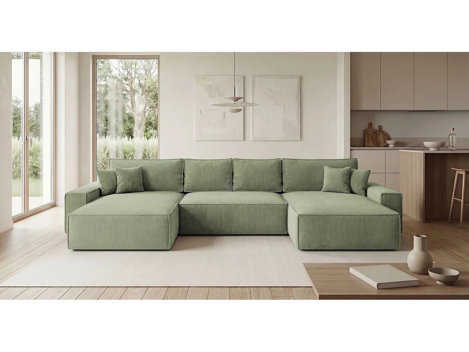 Canapé d'angle CALIFORNIA en U vert clair velours côtelé POSO 47 - fonction couchage, coffre à literie