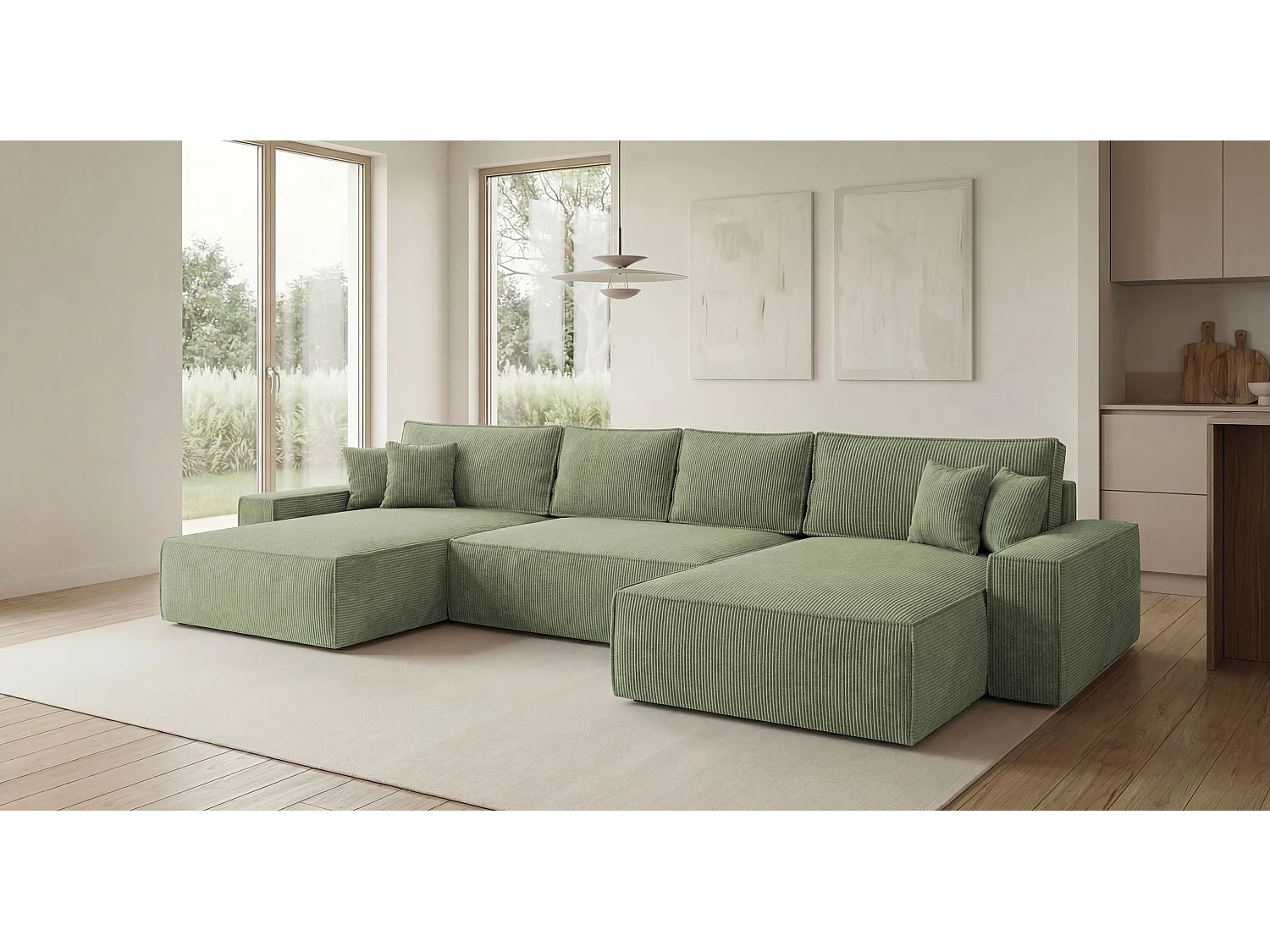 Canapé d'angle CALIFORNIA en U vert clair velours côtelé POSO 47 - fonction couchage, coffre à literie