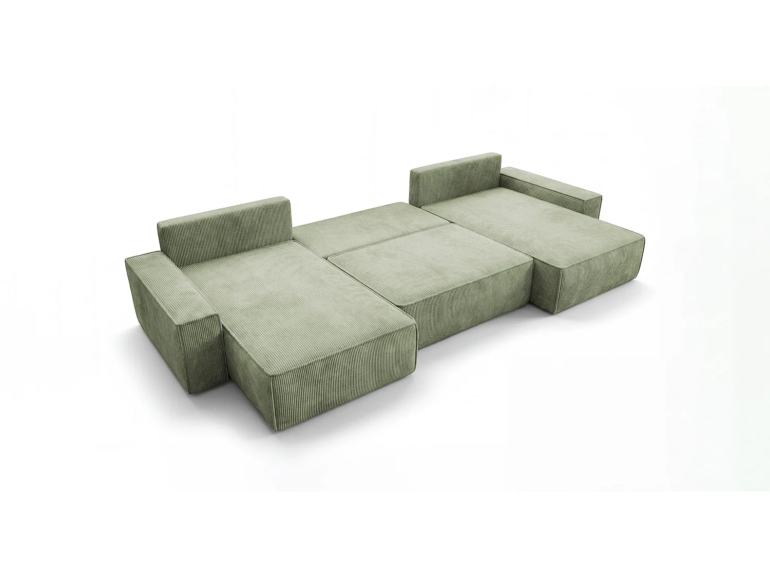 Canapé d'angle CALIFORNIA en U vert clair velours côtelé POSO 47 - fonction couchage, coffre à literie