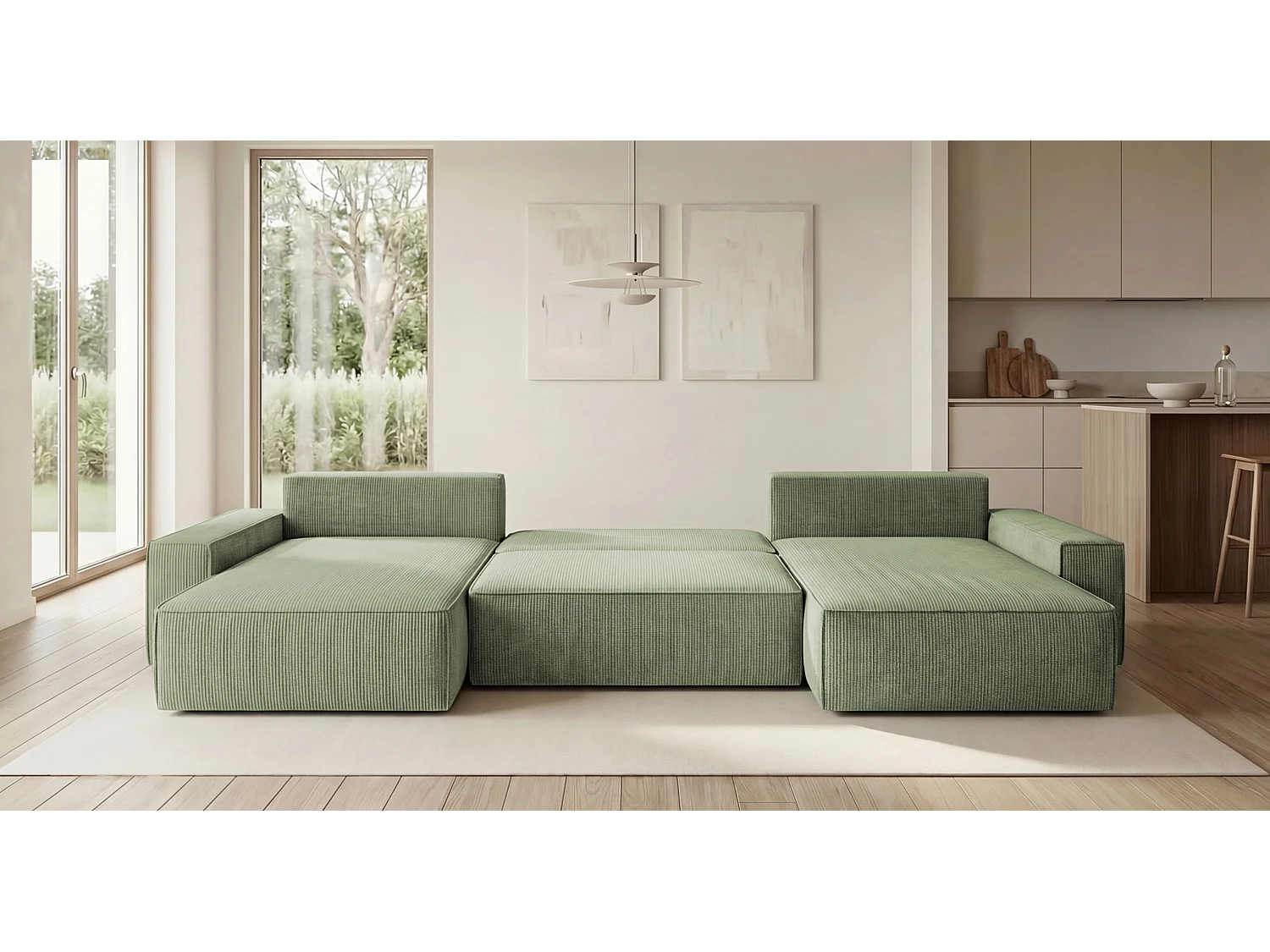 Canapé d'angle CALIFORNIA en U vert clair velours côtelé POSO 47 - fonction couchage, coffre à literie