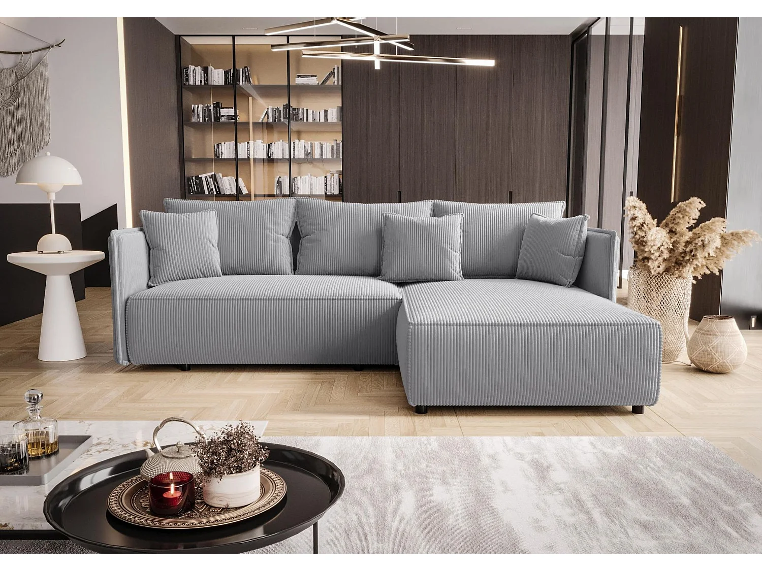 Canapé d'angle MILANO droit gris clair velours côtelé Poso 110 - fonction couchage, coffre à literie