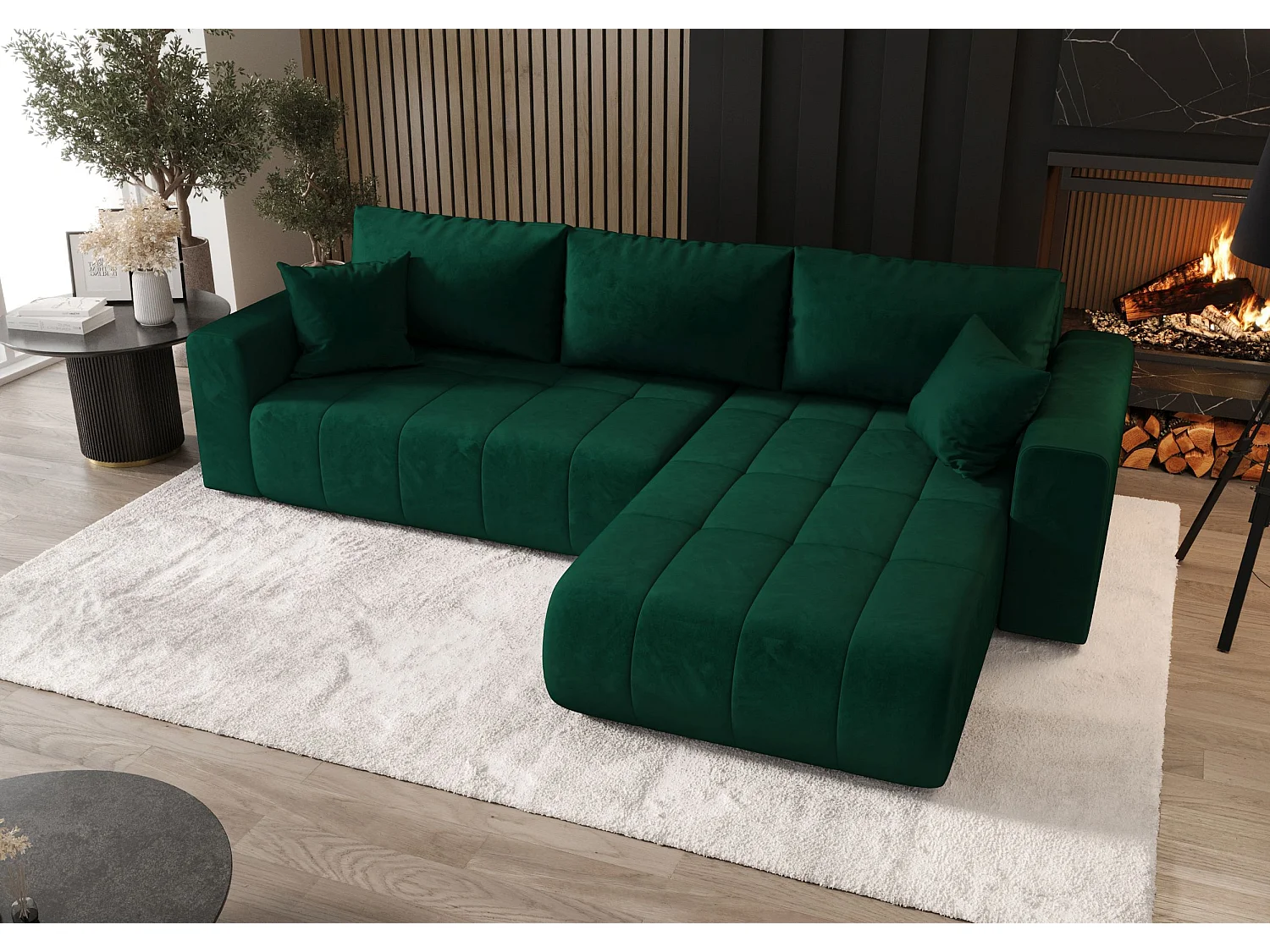 Canapé d'angle LARA droit vert velours Monolith 37 - fonction couchage, coffre à literie