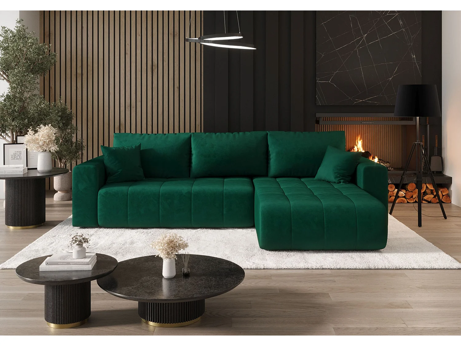Canapé d'angle LARA droit vert velours Monolith 37 - fonction couchage, coffre à literie