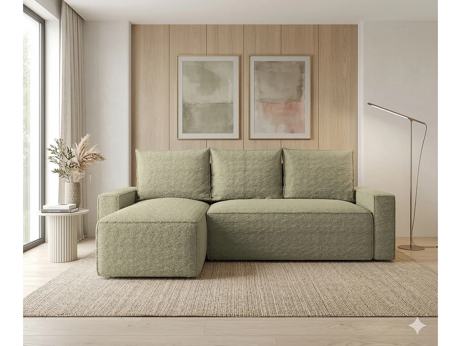 Canapé d'angle gauche 3 places convertible avec coffre en tissu beige NORE