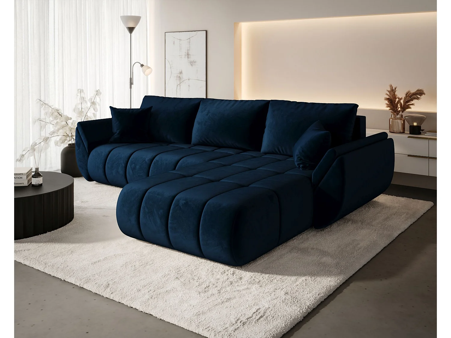 Canapé d'angle SYDNEY PREMIUM droit bleu foncé velours Monolith 77 - fonction couchage, coffre à literie