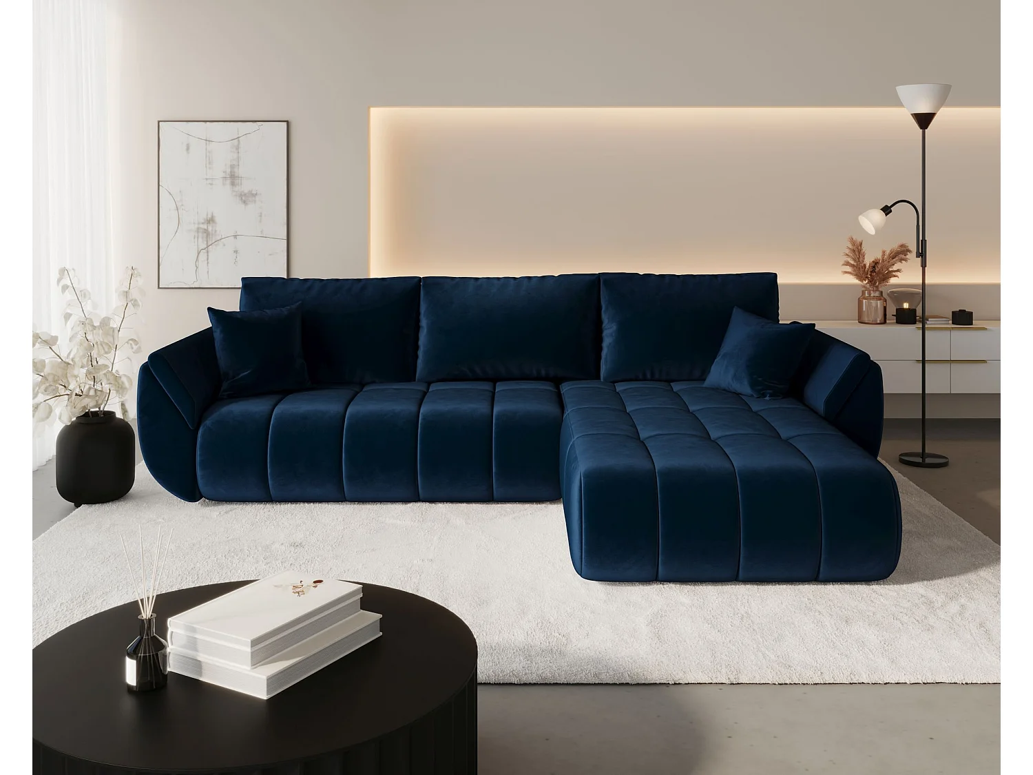 Canapé d'angle SYDNEY PREMIUM droit bleu foncé velours Monolith 77 - fonction couchage, coffre à literie