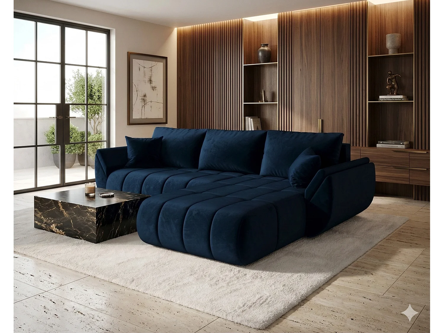 Canapé d’angle velours convertible avec coffre design moderne ARCO-Bleu foncé-angle droit