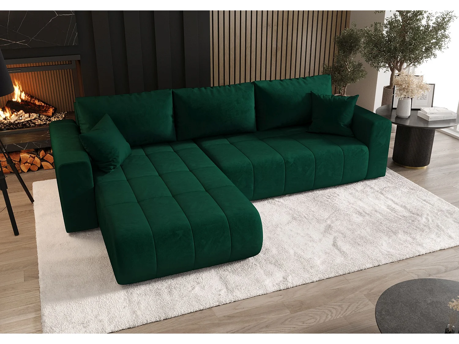 Canapé d'angle LARA gauche vert velours Monolith 37 - fonction couchage, coffre à literie