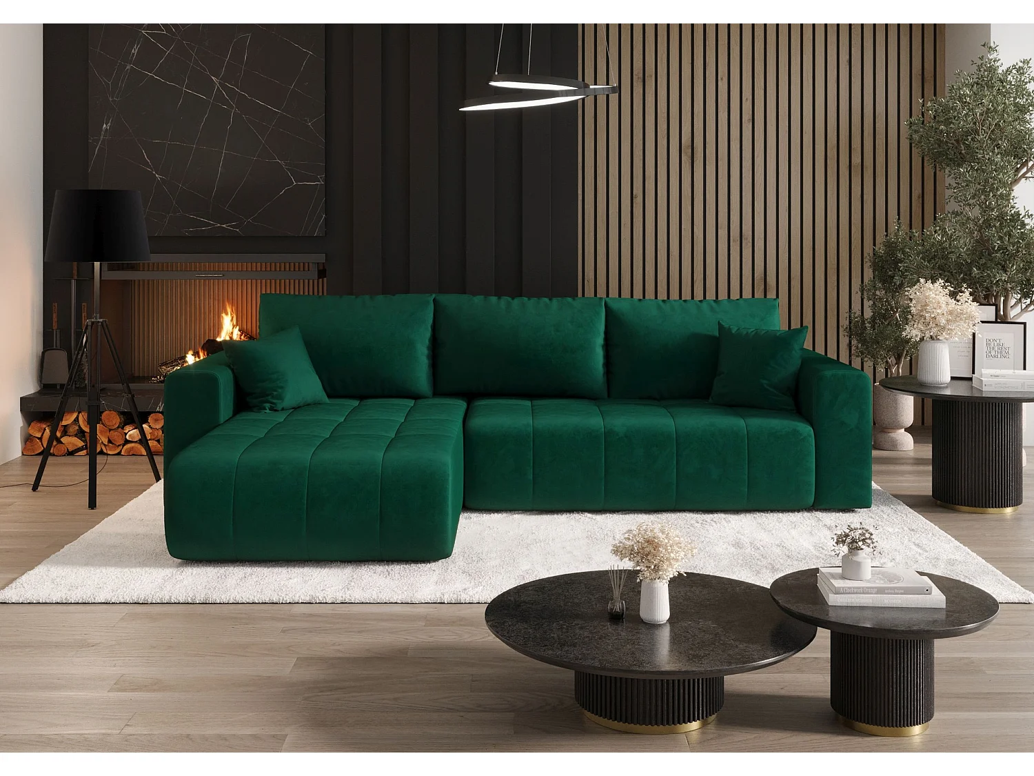 Canapé d'angle LARA gauche vert velours Monolith 37 - fonction couchage, coffre à literie
