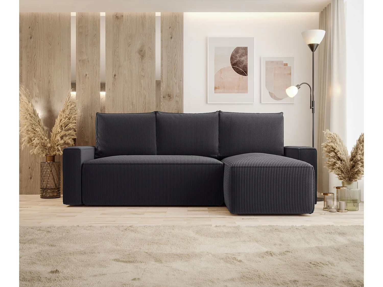 Canapé d'angle HAVANA droit graphite velours côtelé Poso 34 - fonction couchage, coffre à literie