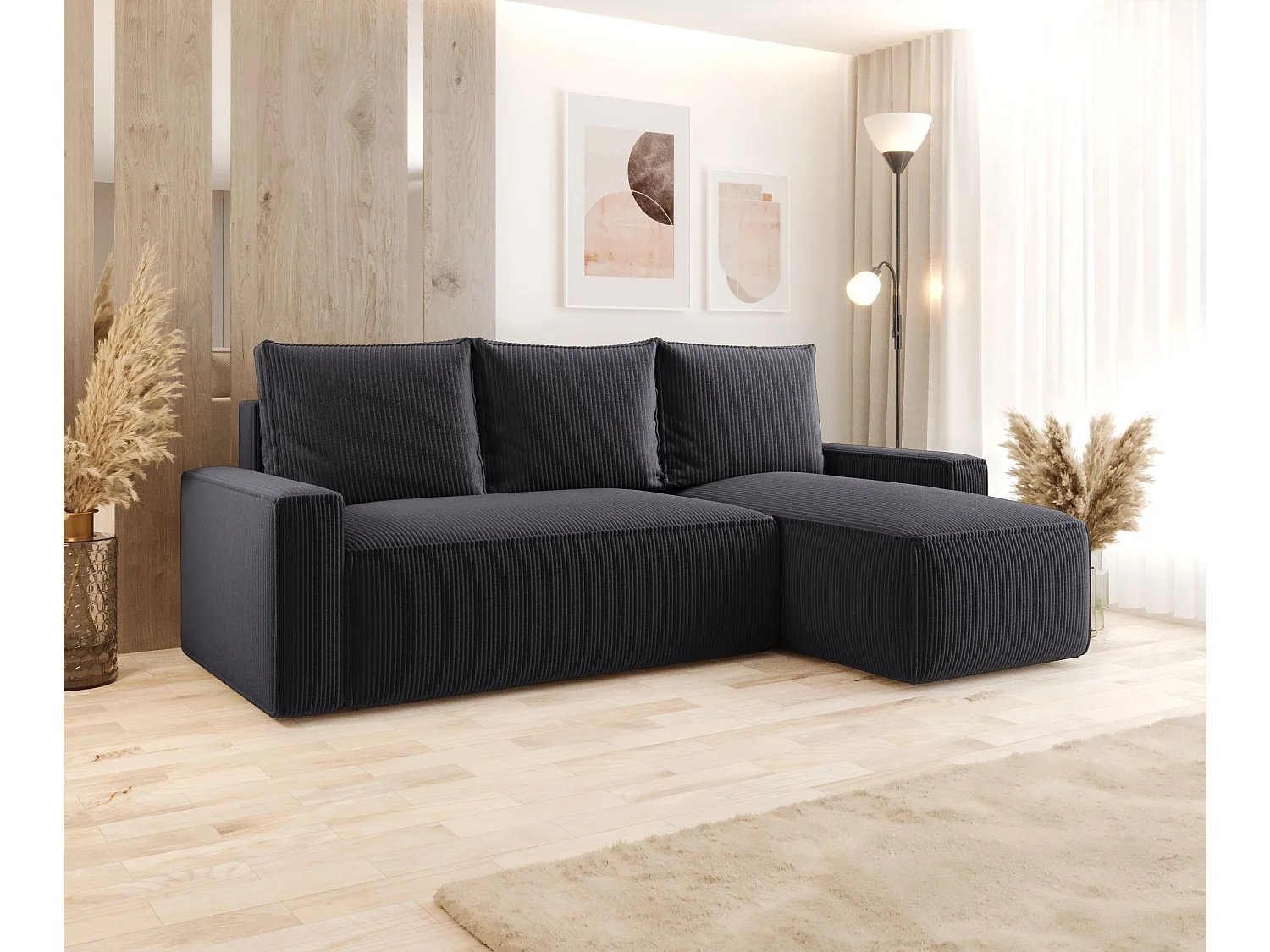 Canapé d'angle HAVANA droit graphite velours côtelé Poso 34 - fonction couchage, coffre à literie