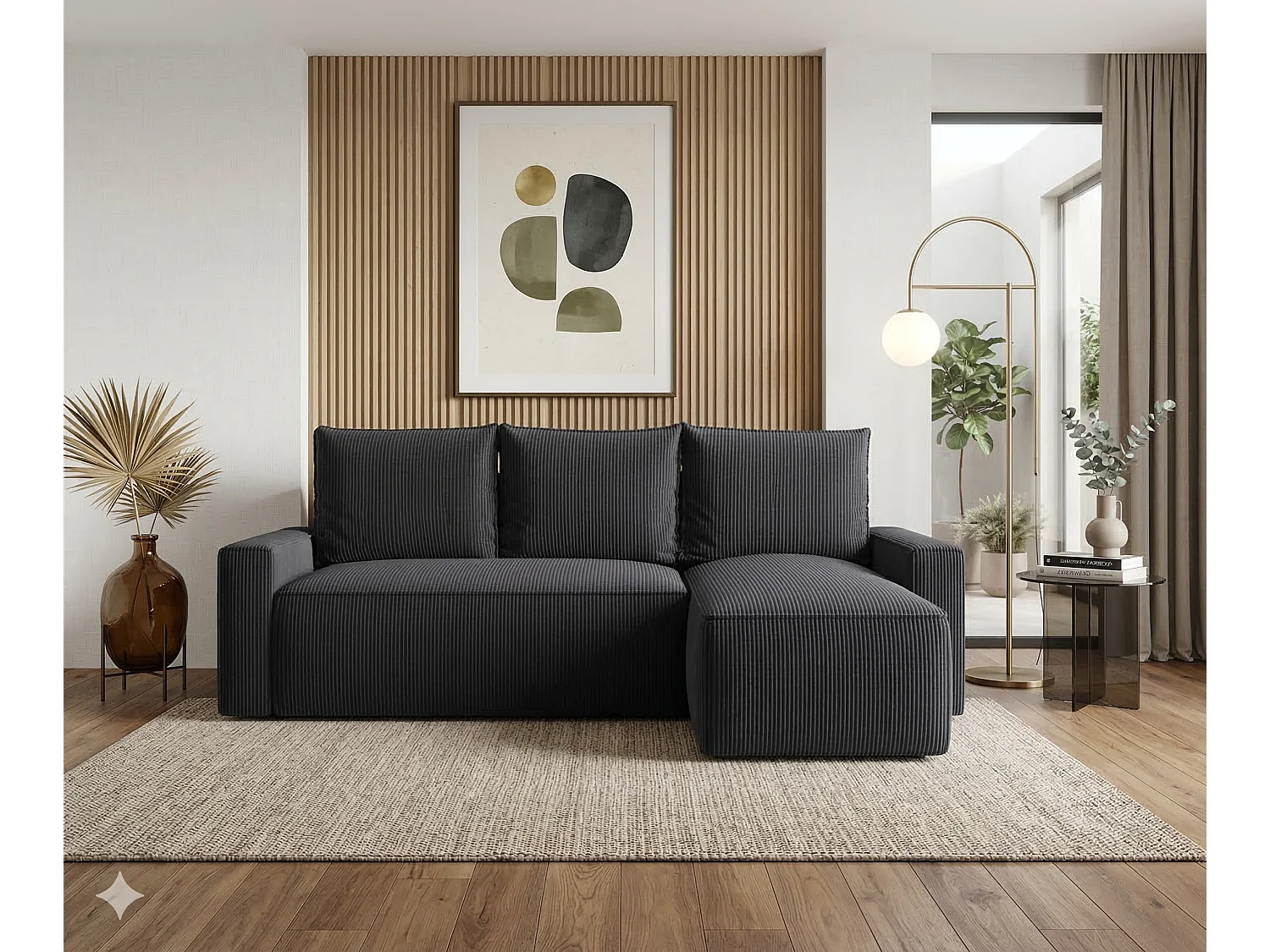 Canapé d’angle velours chenille convertible avec coffre NORE-Anthracite-angle droit