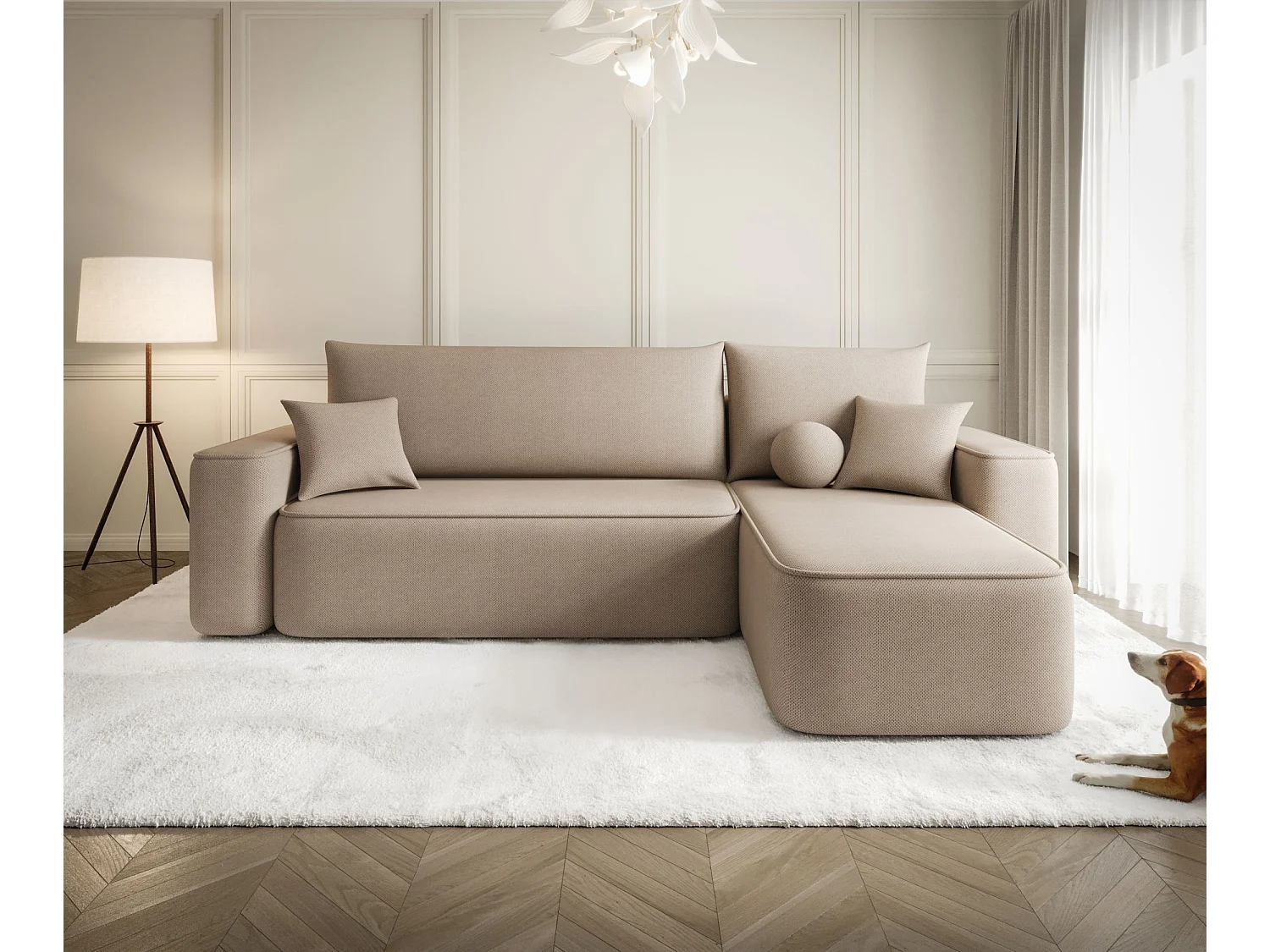 Canapé d'angle TEXAS droit Jasno Brazowy tricot Curio 15 - fonction couchage, coffre à literie