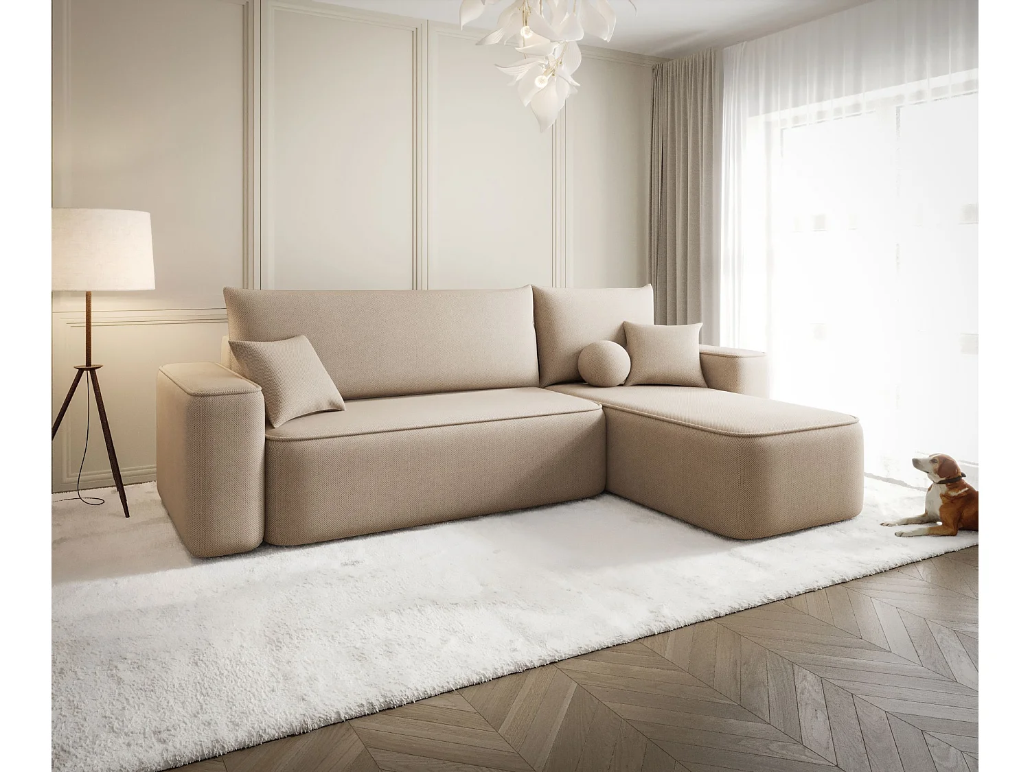 Canapé d'angle TEXAS droit Jasno Brazowy tricot Curio 15 - fonction couchage, coffre à literie