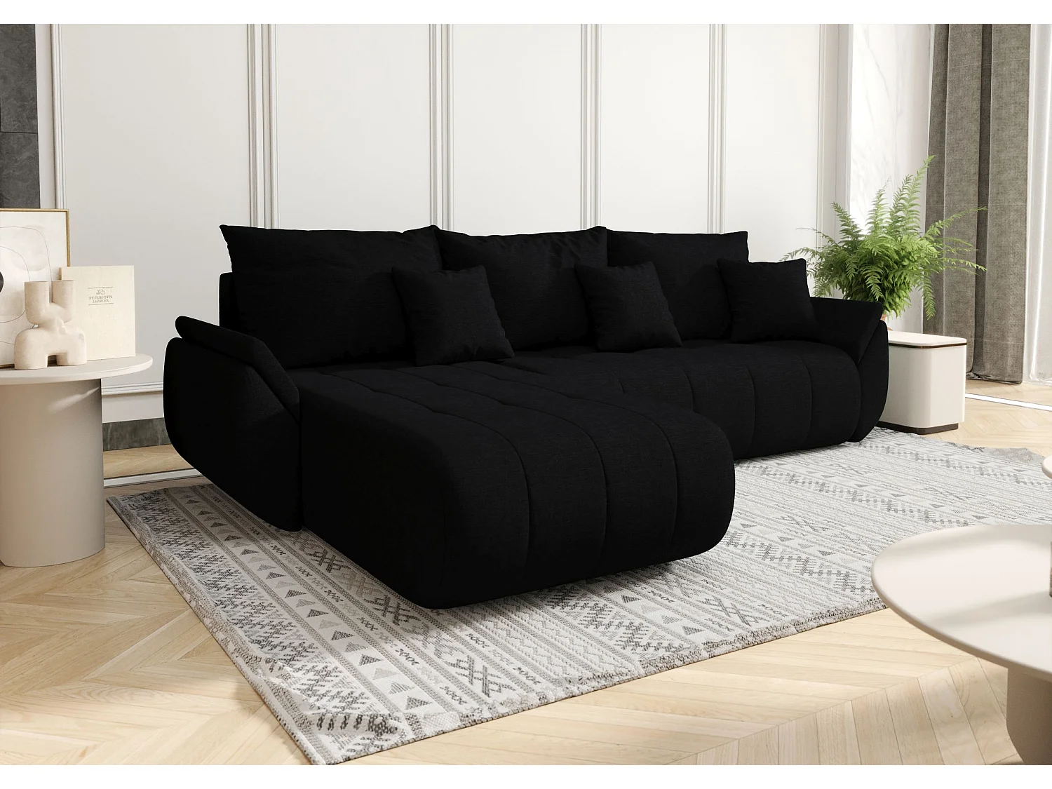 Canapé d'angle SYDNEY gauche noir tricot Wind 99 - fonction couchage, coffre à literie
