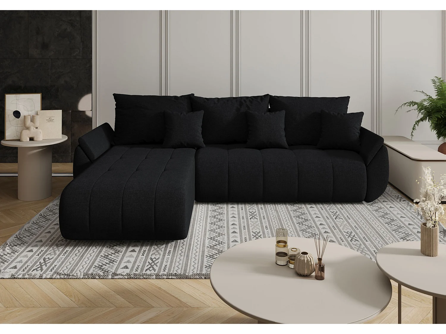 Canapé d'angle SYDNEY gauche noir tricot Wind 99 - fonction couchage, coffre à literie