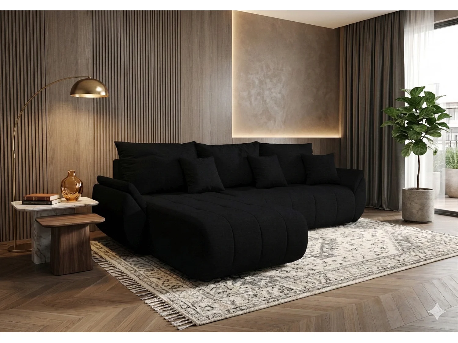 Canapé d’angle velours chenille convertible avec coffre NOVA-Noir-angle gauche