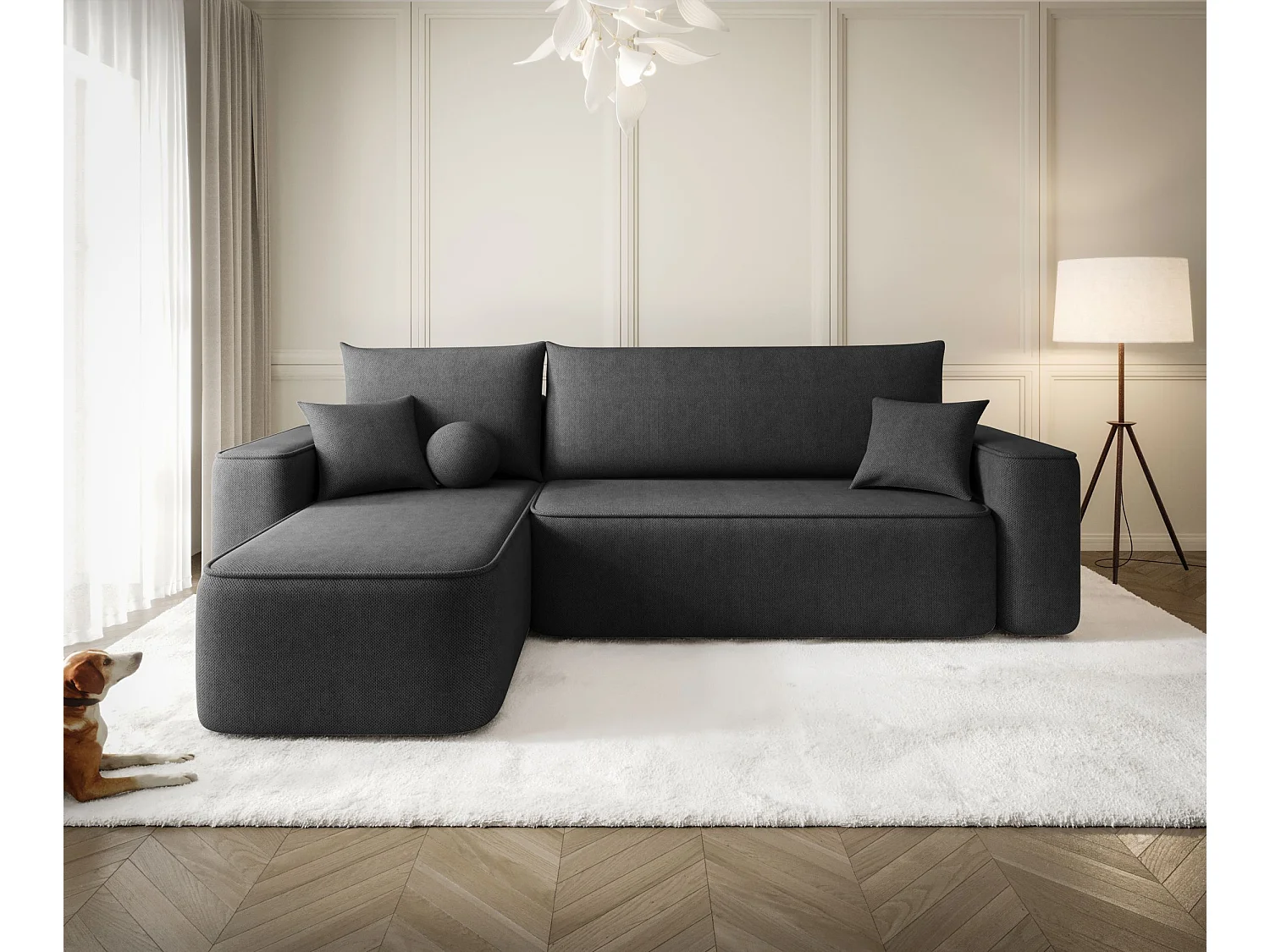 Canapé d'angle TEXAS gauche graphite tricot Curio 97 - fonction couchage, coffre à literie