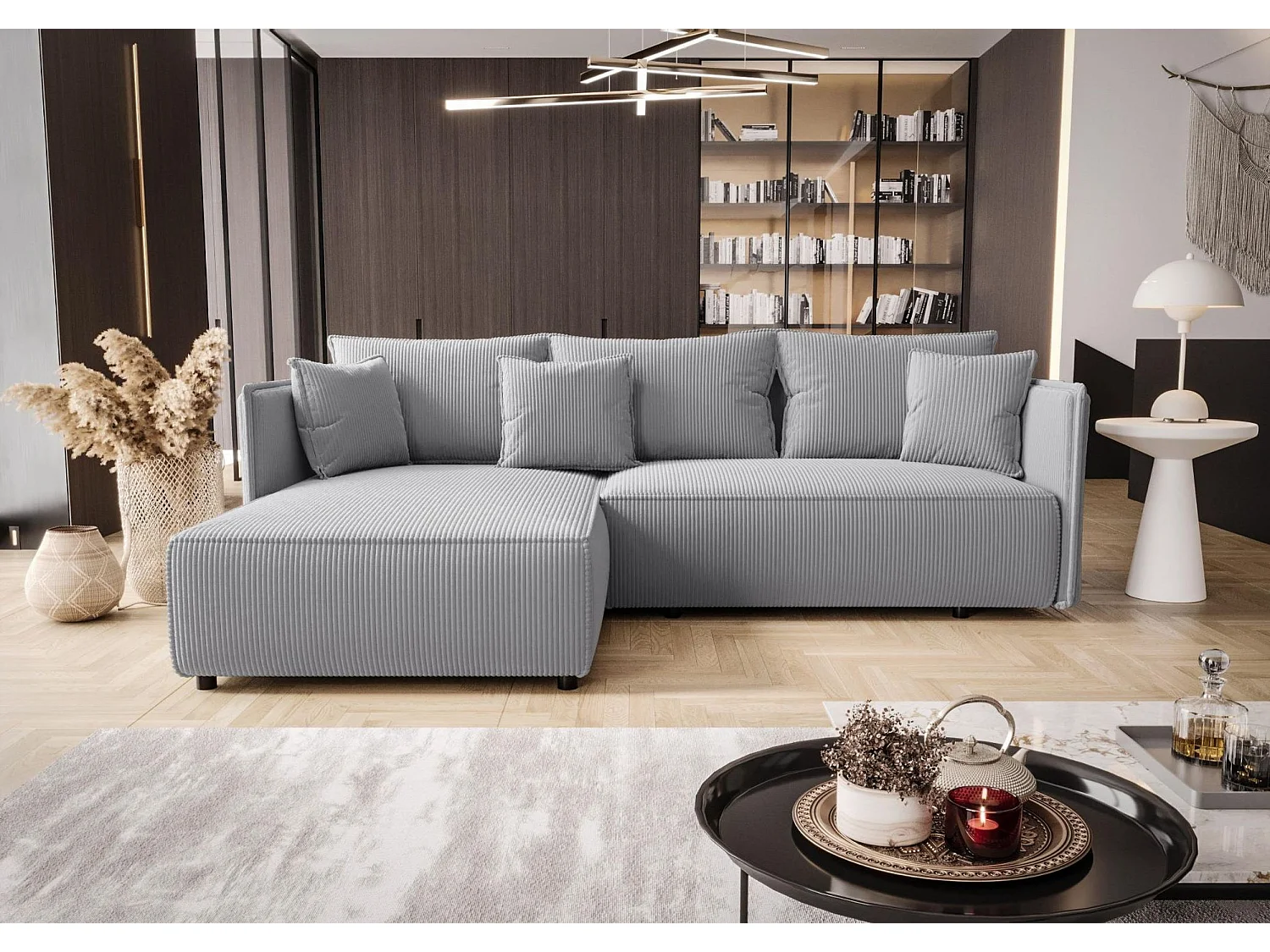 Canapé d'angle MILANO gauche gris clair velours côtelé Poso 110 - fonction couchage, coffre à literie