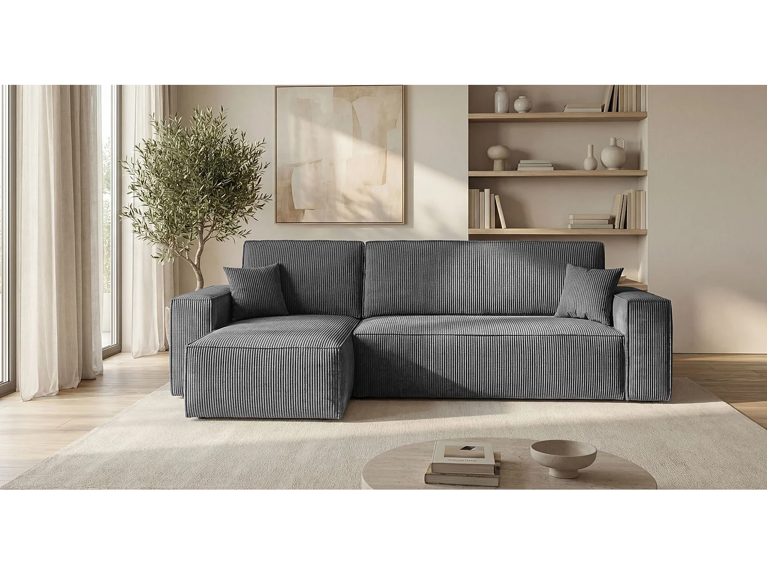 Canapé d'angle CALIFORNIA MINI gauche gris foncé velours côtelé Poso 60 - fonction couchage, coffre à literie