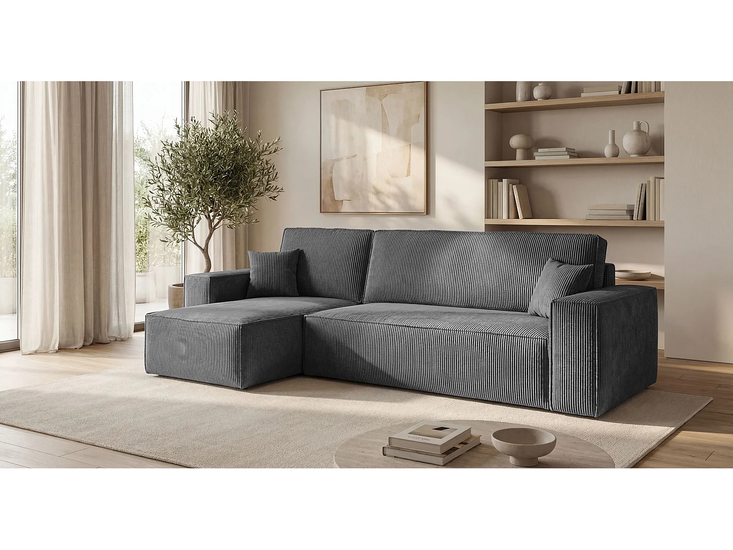 Canapé d'angle CALIFORNIA MINI gauche gris foncé velours côtelé Poso 60 - fonction couchage, coffre à literie