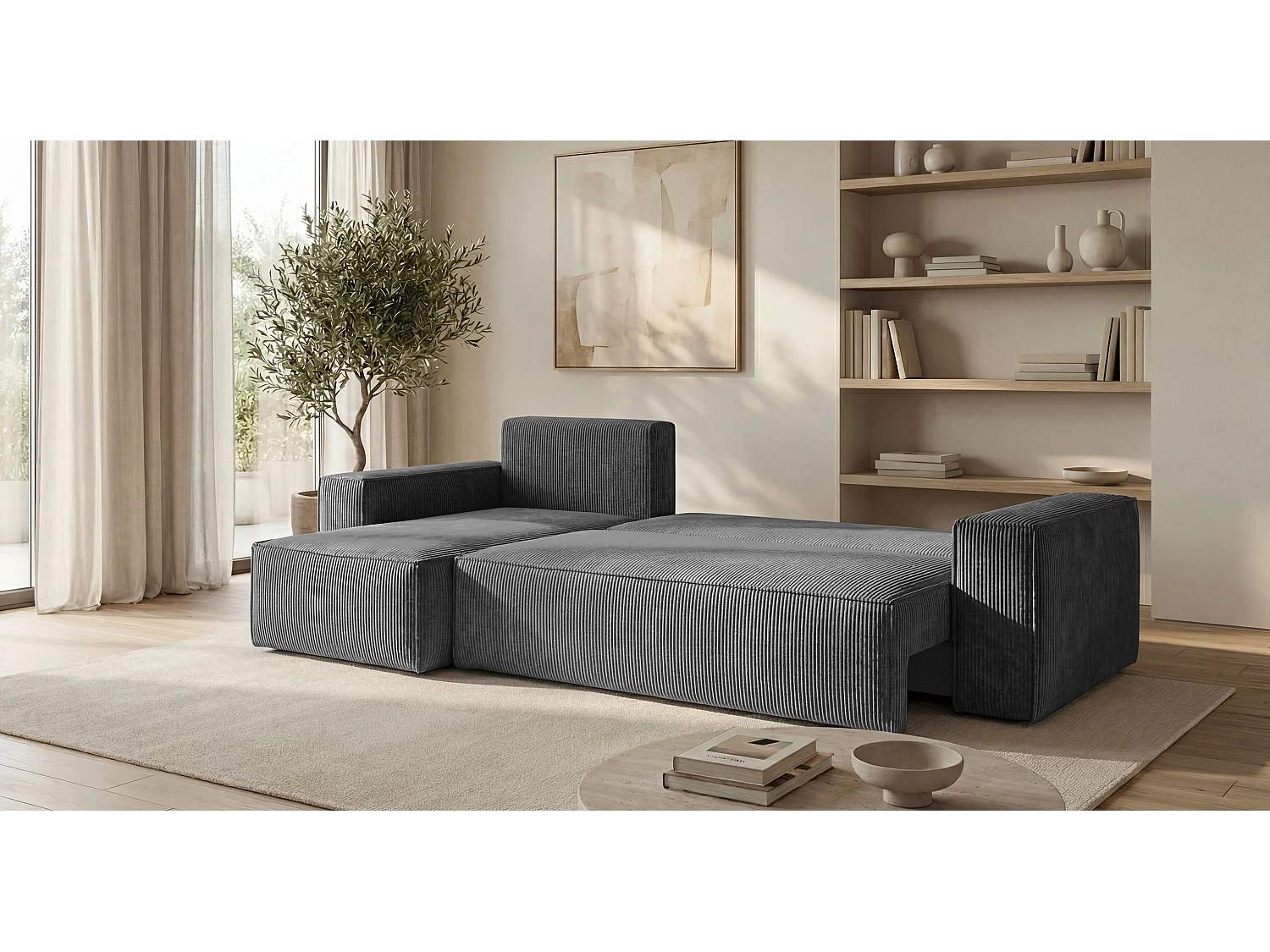Canapé d'angle CALIFORNIA MINI gauche gris foncé velours côtelé Poso 60 - fonction couchage, coffre à literie