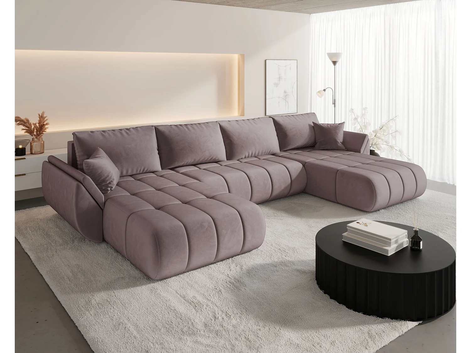 Canapé d'angle SYDNEY PREMIUM en U rose foncé velours Monolith 62 - fonction couchage, coffre à literie