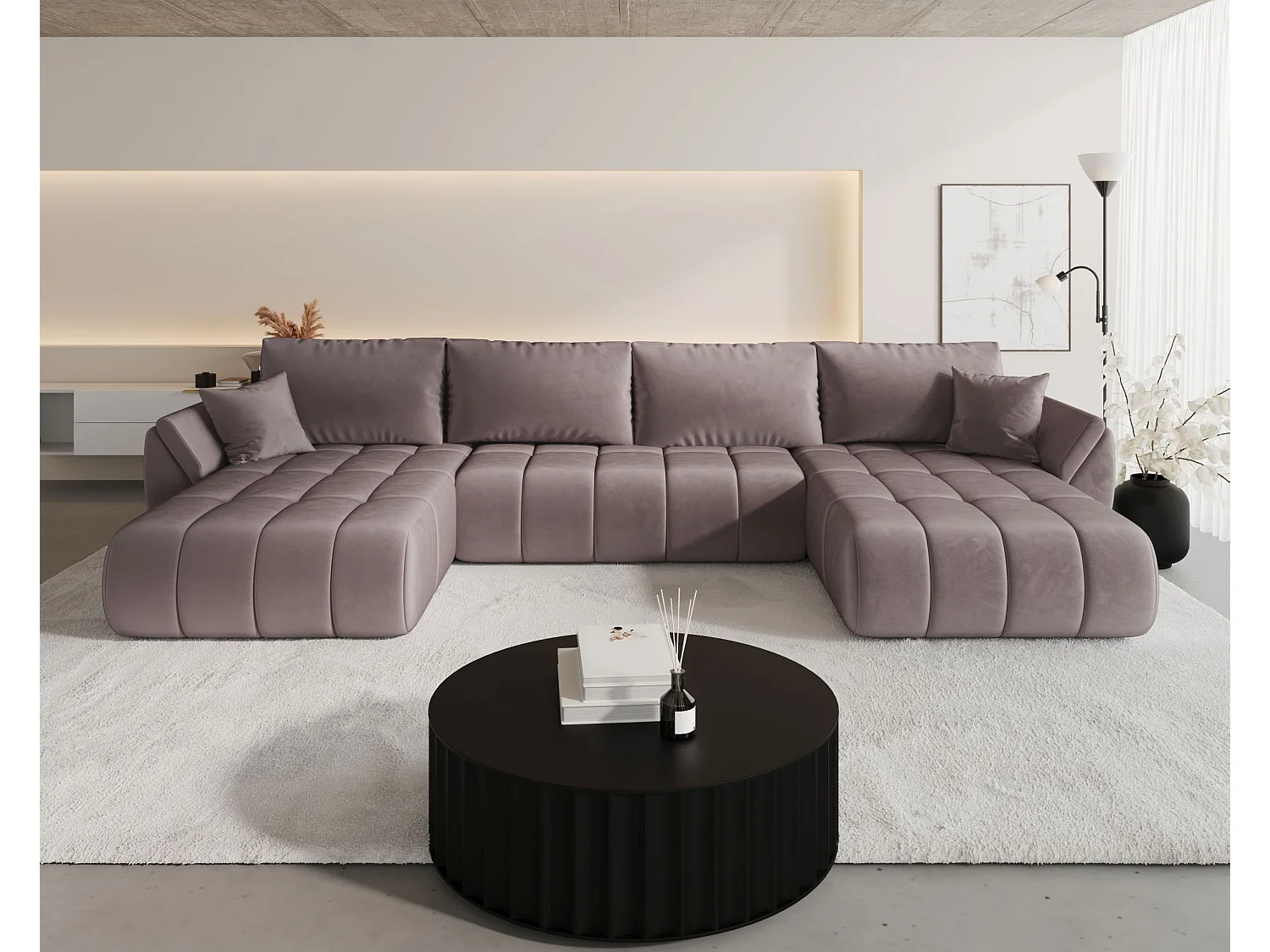 Canapé d'angle SYDNEY PREMIUM en U rose foncé velours Monolith 62 - fonction couchage, coffre à literie
