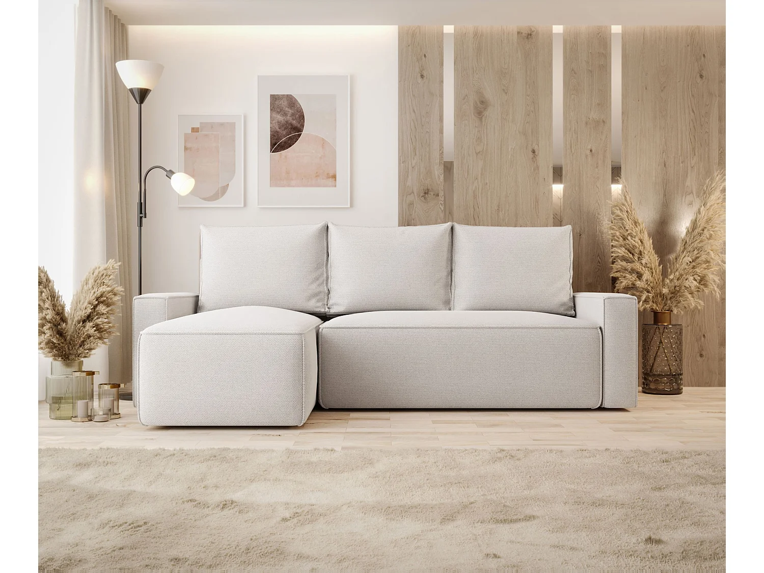 Canapé d'angle HAVANA gauche beige clair tricot Curio 2 - fonction couchage, coffre à literie