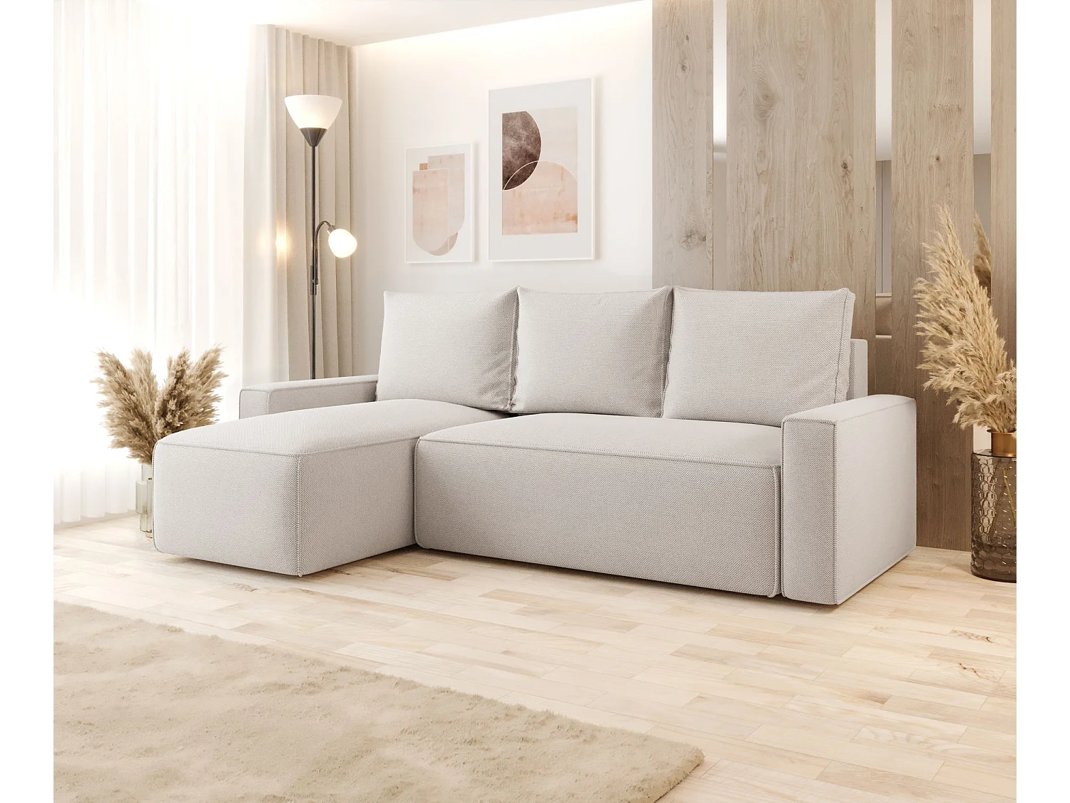 Canapé d'angle HAVANA gauche beige clair tricot Curio 2 - fonction couchage, coffre à literie