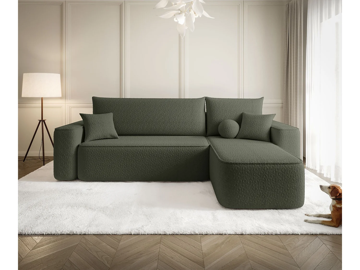 Canapé d'angle TEXAS droit Ciemno Zielony Bukle Quelle 37 - fonction couchage, coffre à literie