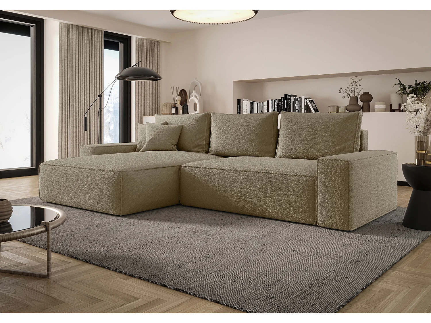 Canapé d'angle CALIFORNIA gauche Jasno Brazowy Bukle Quelle 18 - fonction couchage, coffre à literie