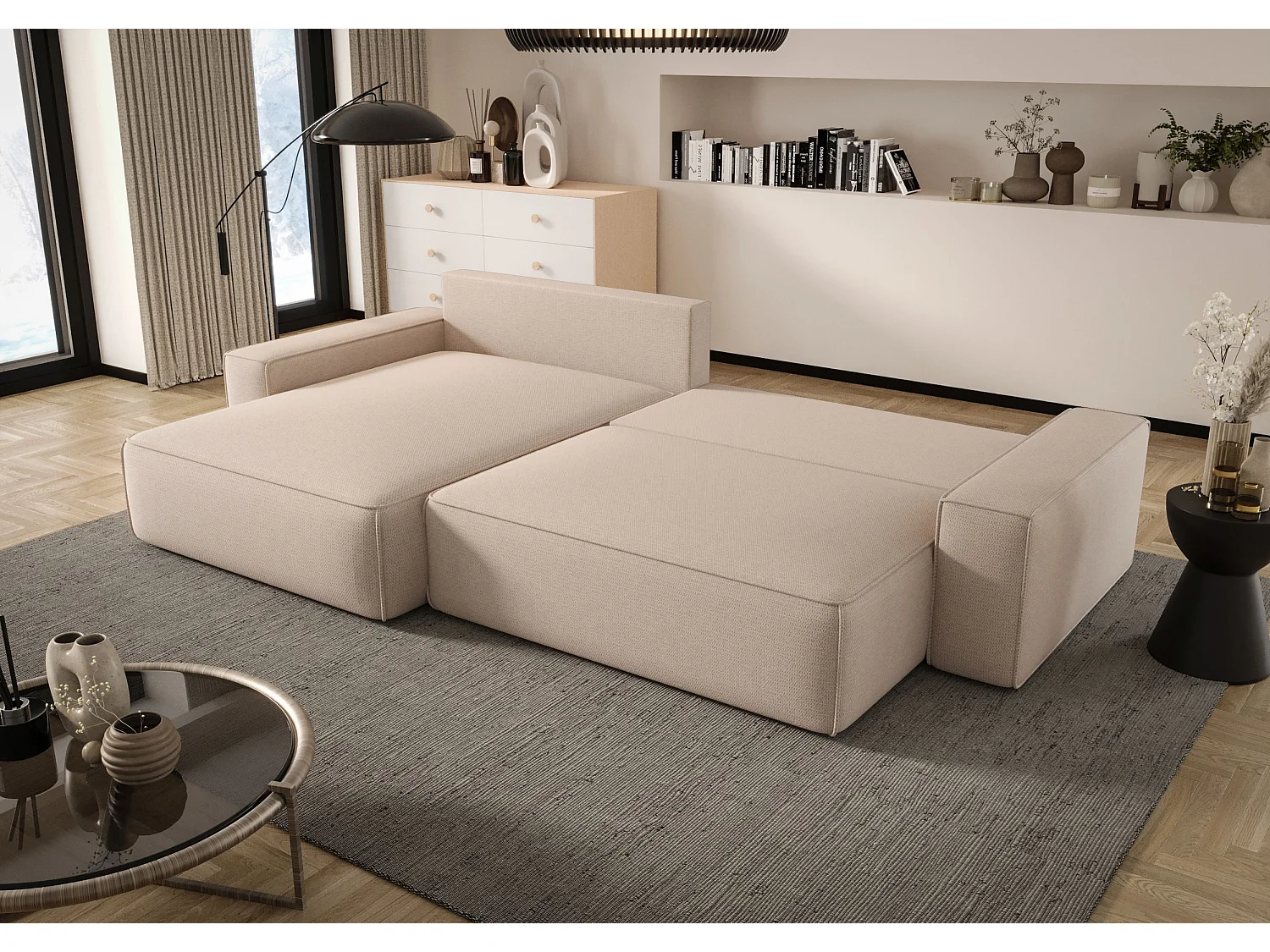 Canapé d'angle CALIFORNIA gauche Jasno Brazowy Bukle Quelle 18 - fonction couchage, coffre à literie