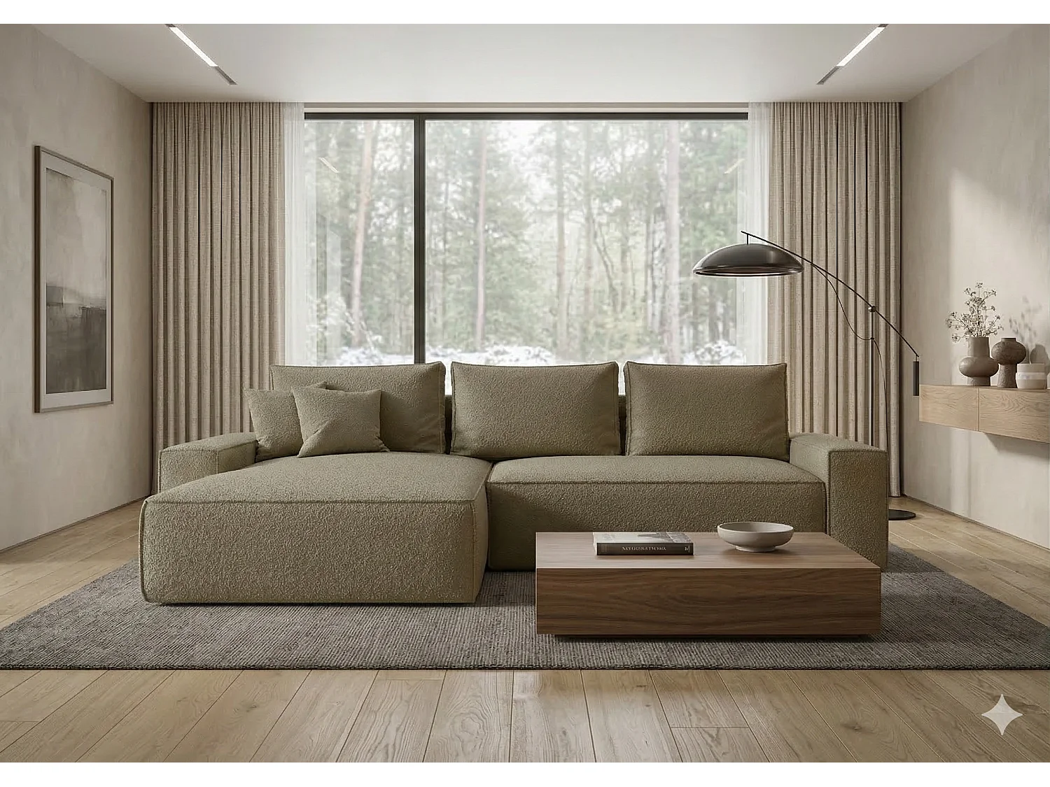 Canapé d’angle tissu bouclé convertible avec coffre NINA-Marron clair-angle gauche