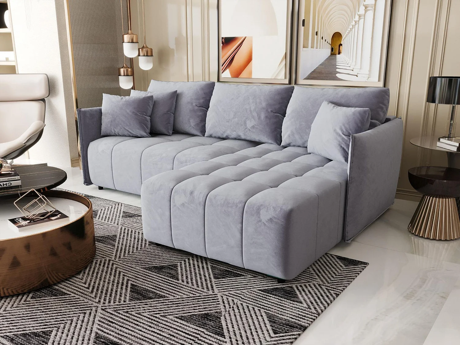 Canapé d'angle CHICAGO droit bleu velours Monolith 70 - fonction couchage, coffre à literie