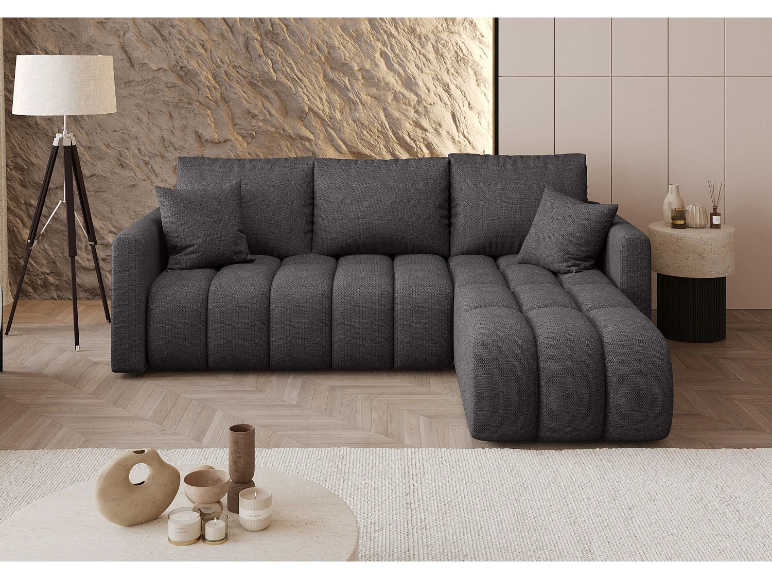 Canapé d'angle GARDA droit gris tricot Aragon 93 - fonction couchage, coffre à literie