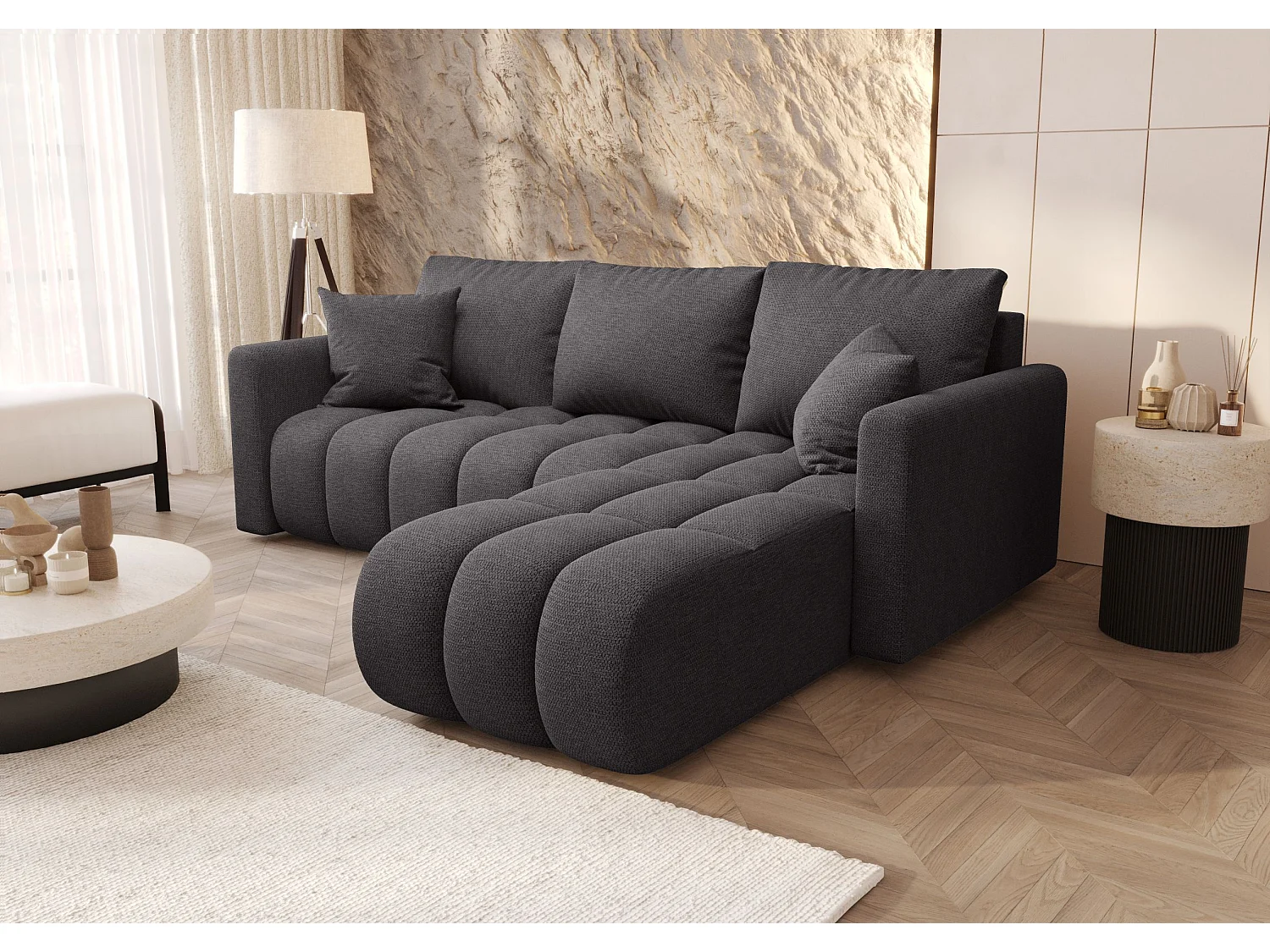 Canapé d'angle GARDA droit gris tricot Aragon 93 - fonction couchage, coffre à literie