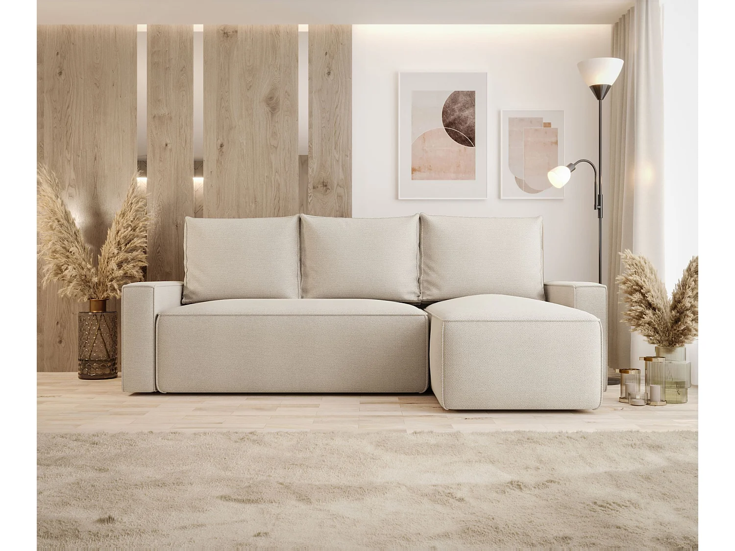 Canapé d'angle HAVANA droit beige tricot Curio 9 - fonction couchage, coffre à literie