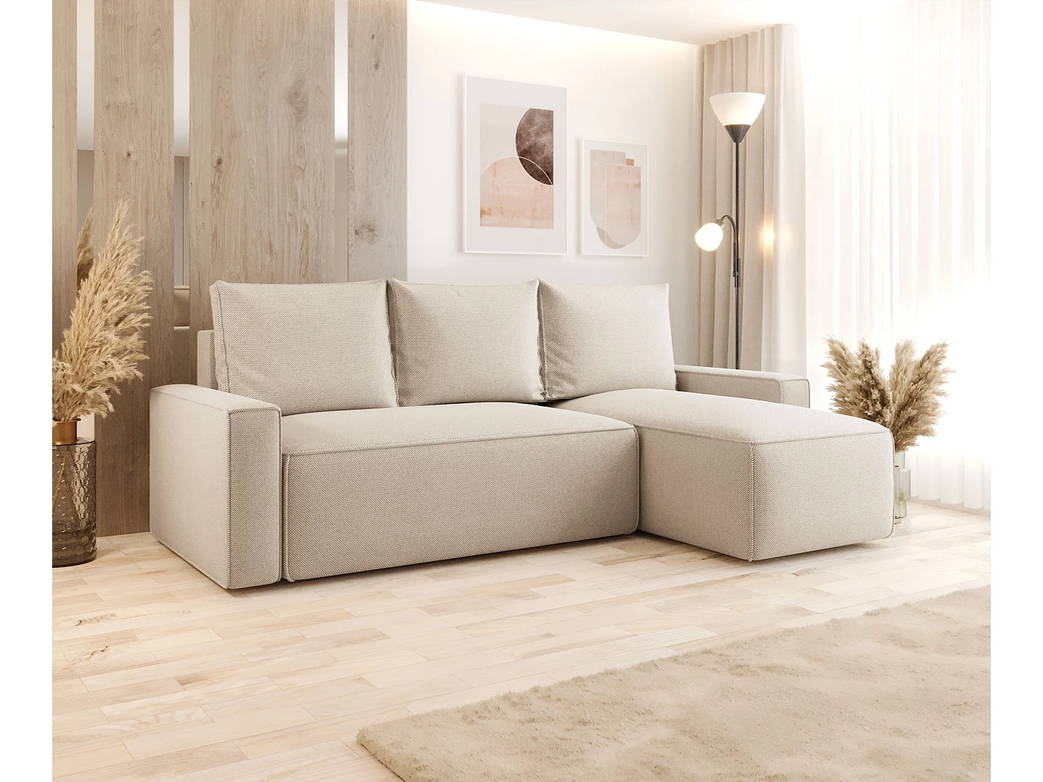 Canapé d'angle HAVANA droit beige tricot Curio 9 - fonction couchage, coffre à literie