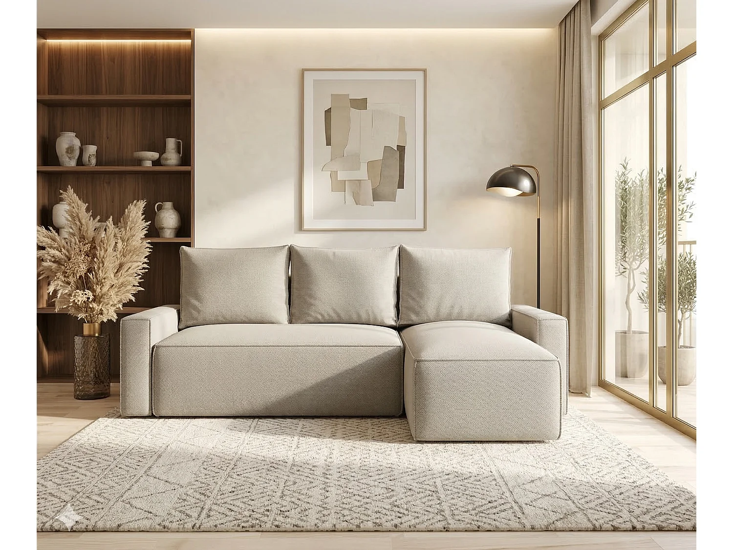Canapé d'angle droit 3 places convertible avec coffre en tissu beige NORE