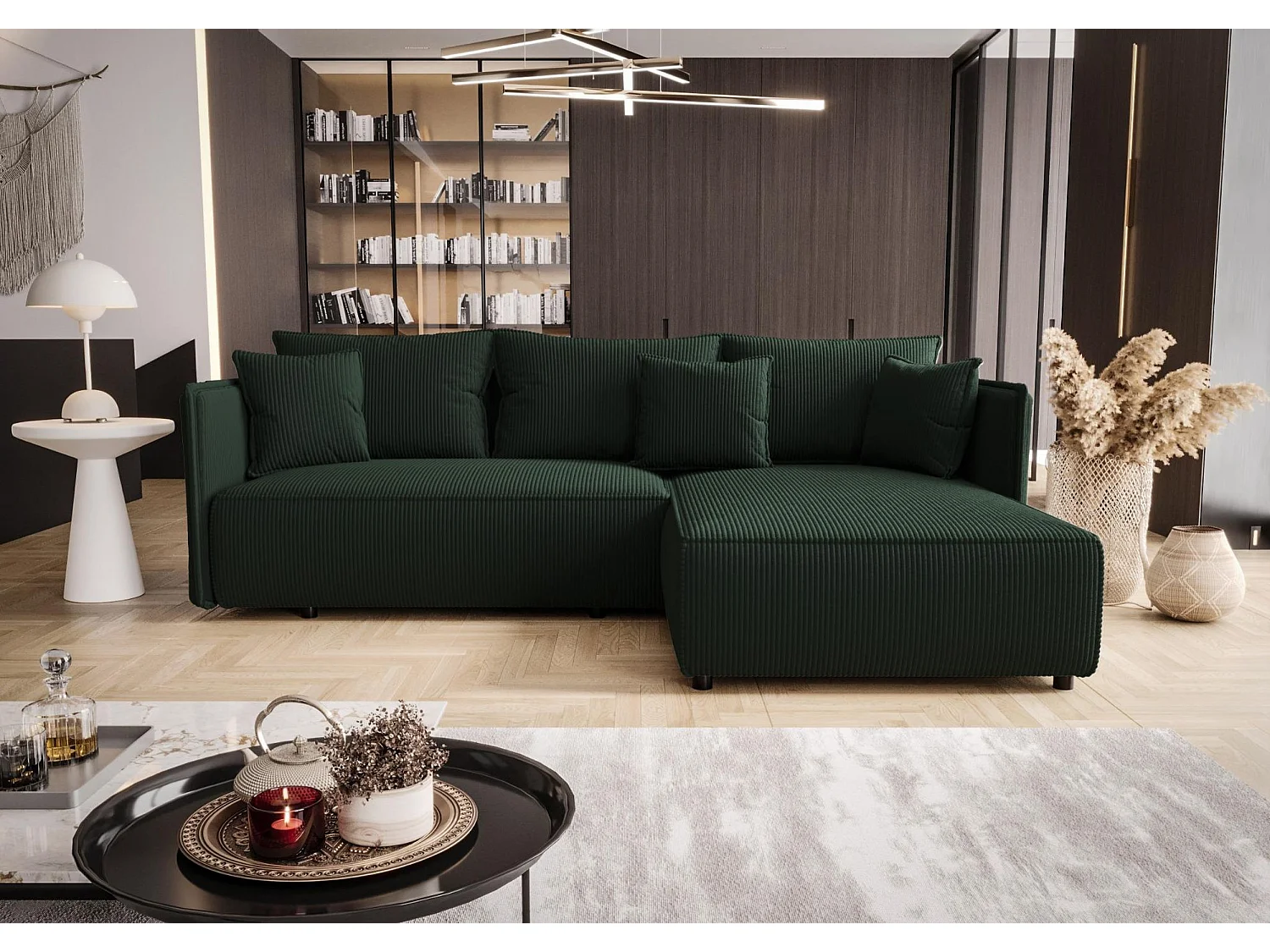 Canapé d'angle MILANO droit vert velours côtelé Poso 14 - fonction couchage, coffre à literie
