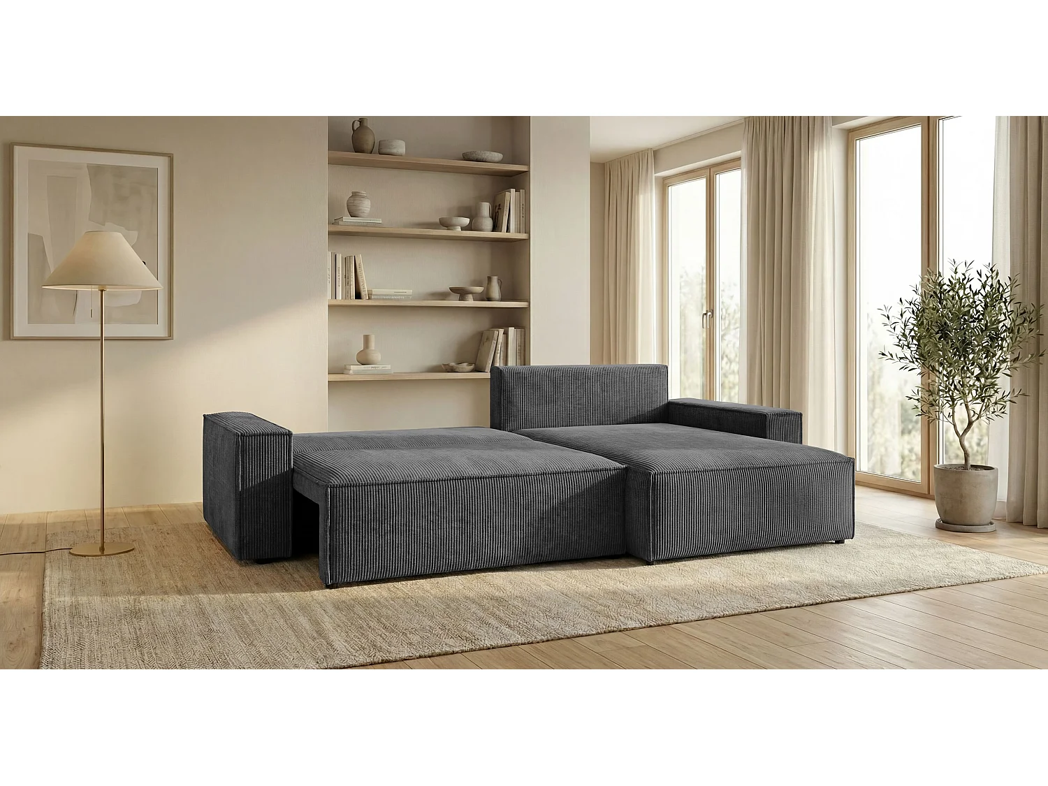 Canapé d'angle VIENNA droit gris foncé velours côtelé Poso 60 - fonction couchage, coffre à literie