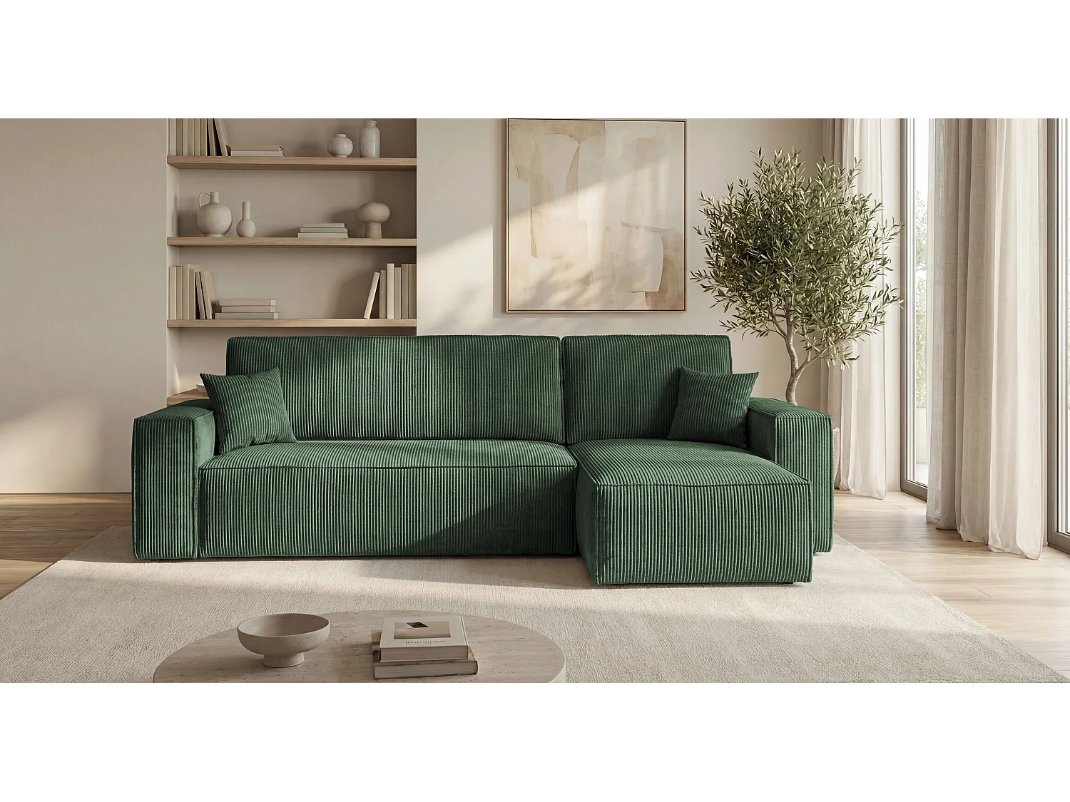 Canapé d'angle CALIFORNIA MINI droit vert velours côtelé Poso 14 - fonction couchage, coffre à literie