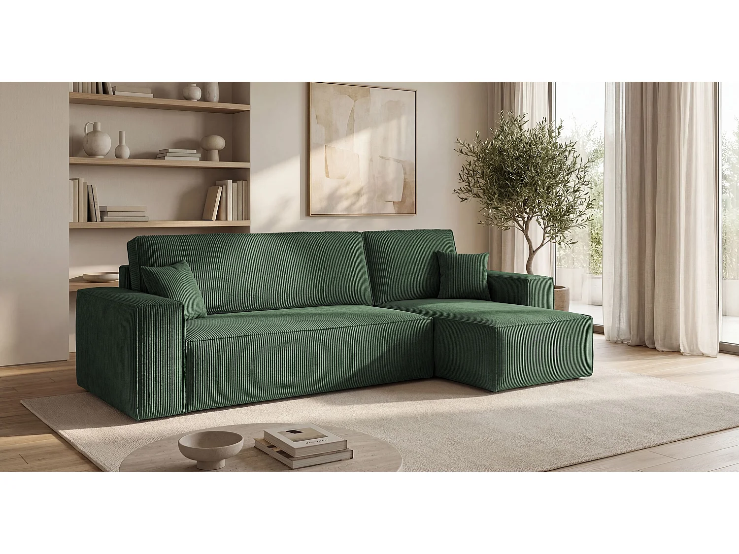 Canapé d'angle CALIFORNIA MINI droit vert velours côtelé Poso 14 - fonction couchage, coffre à literie