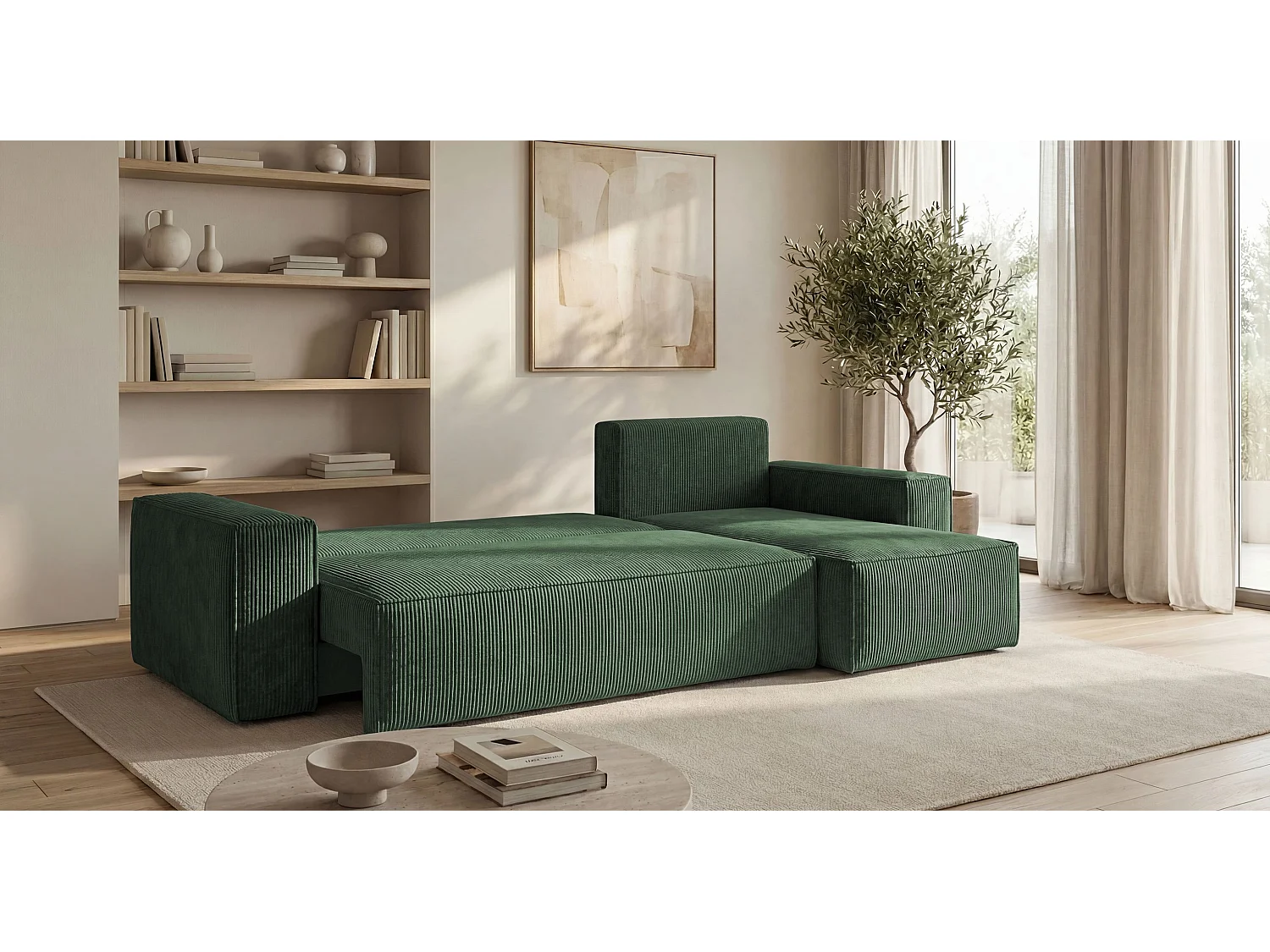 Canapé d'angle CALIFORNIA MINI droit vert velours côtelé Poso 14 - fonction couchage, coffre à literie