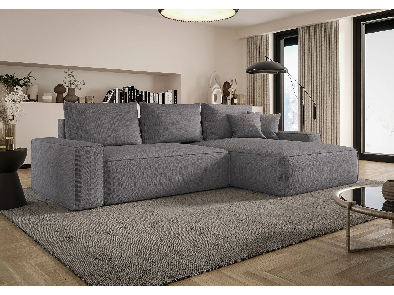 Canapé d'angle CALIFORNIA droit gris tricot Aragon 93 - fonction couchage, coffre à literie