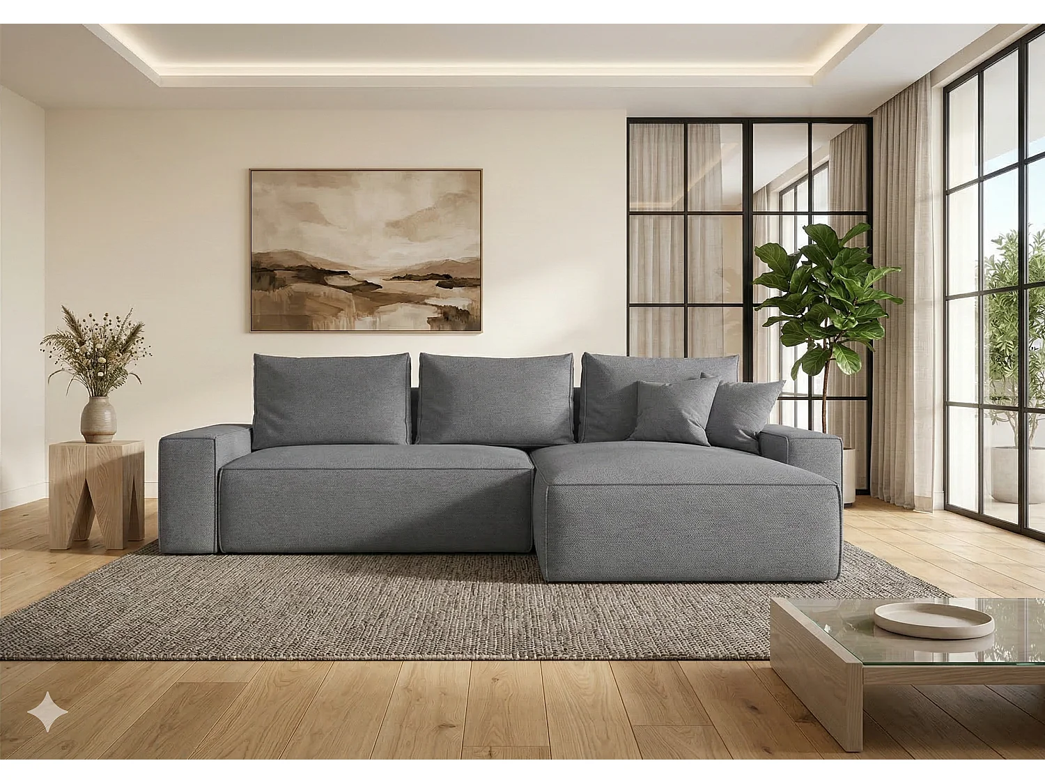 Canapé d’angle tissu tressé convertible avec coffre NINA-Gris foncé-angle droit